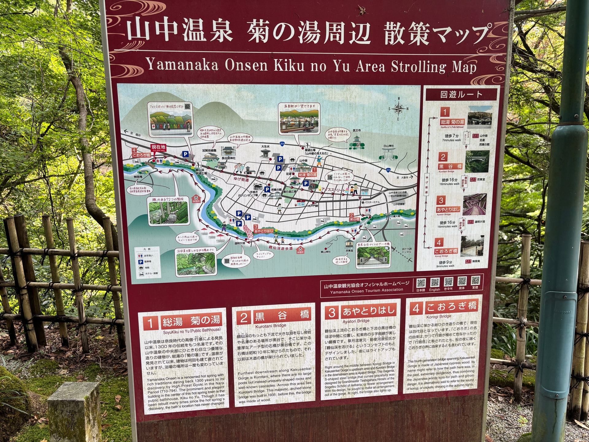 「山中温泉 菊の湯周辺 散策マップ」の案内看板